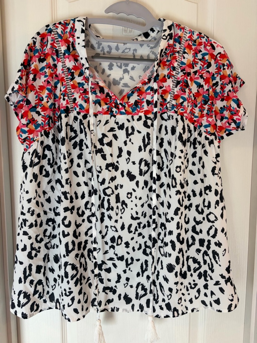 V-Neck Short Sleeve Mixed Print Blouse - White with Multicolor Yoke